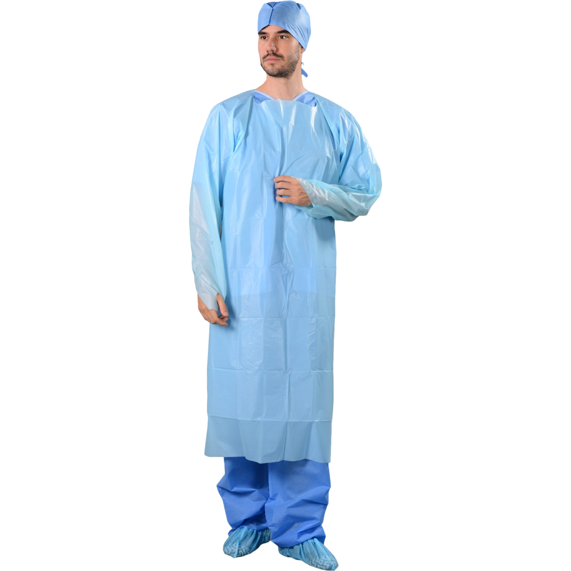 Disposable CPE plastic gown plastic isolation gown with thumb hole 